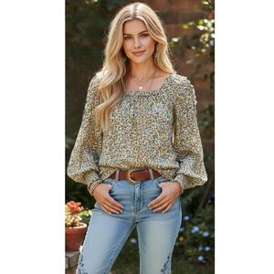 Max Studio Boho Floral Blouse Ruched Cuff Shirt Long Sleeve Chiffon Women’s Sz L